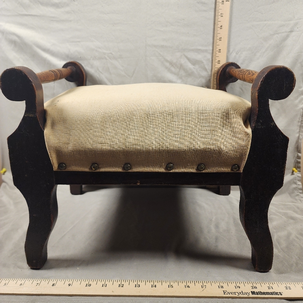 Antique Mid 20th Century Vintage Mahogany Wooden Footstool Upholstered